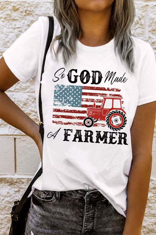 White So GOD Made A FARMER Flag Graphic Tee White 95%Polyester+5%Elastane Graphic Tees JT's Designer Fashion