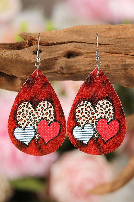 Red Valentine's Day Heart Print Water Drop Earrings Jewelry JT's Designer Fashion