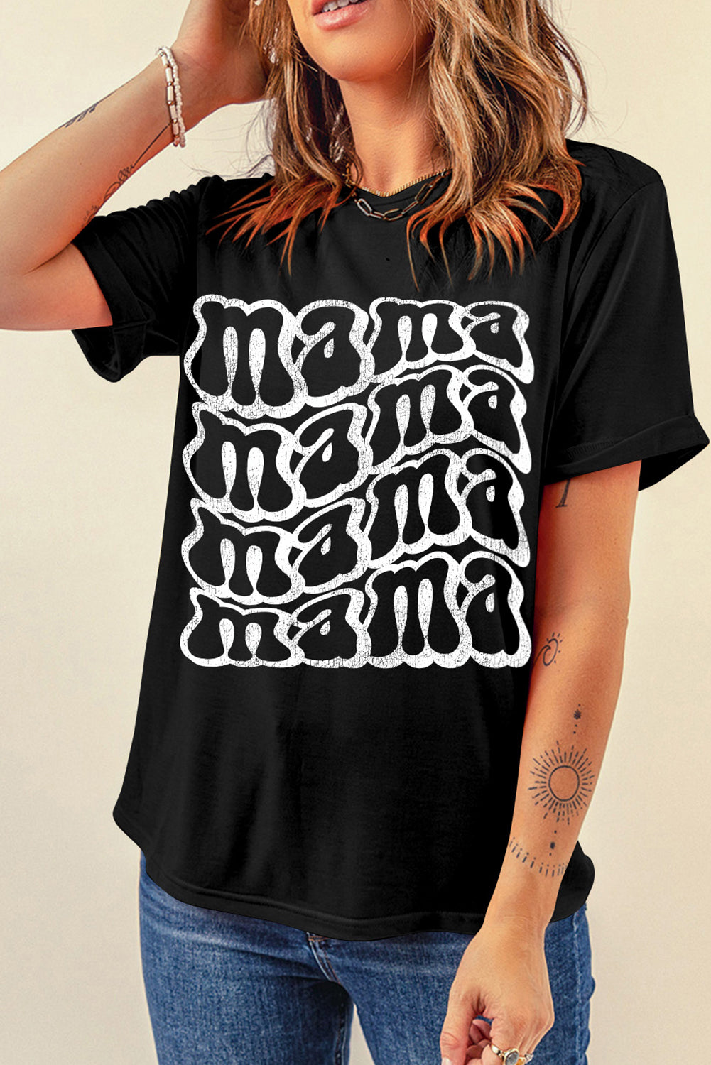 Black mama Letter Print Round Neck Casual T Shirt Graphic Tees JT's Designer Fashion