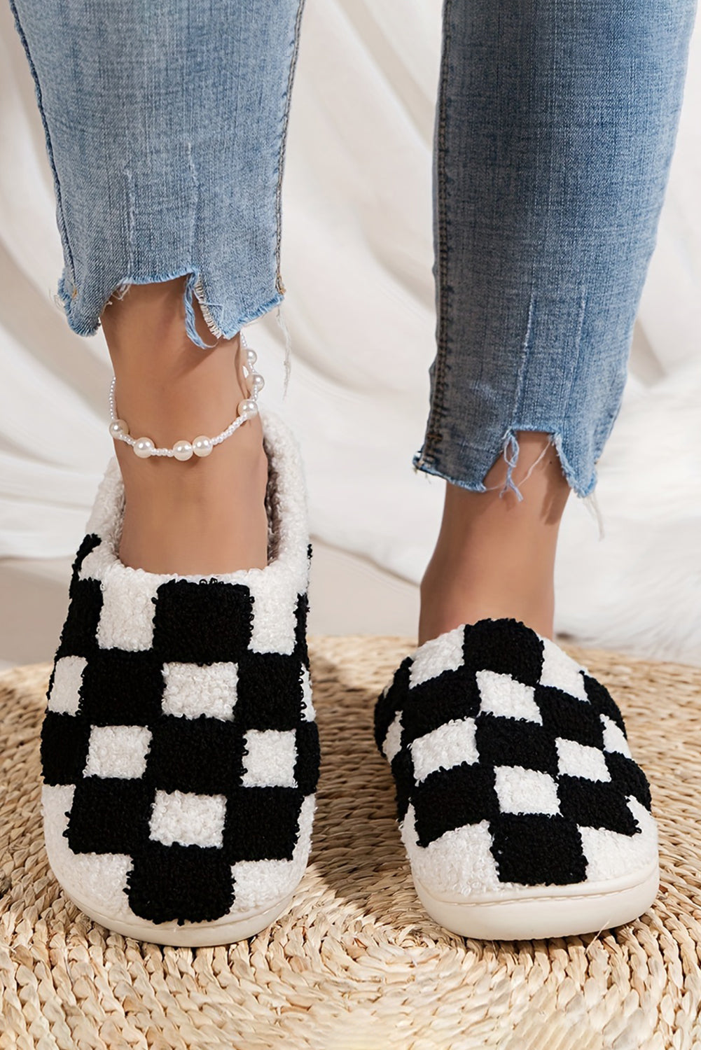 Black Checkered Print Fuzzy Slip On Winter Slippers Slippers JT's Designer Fashion