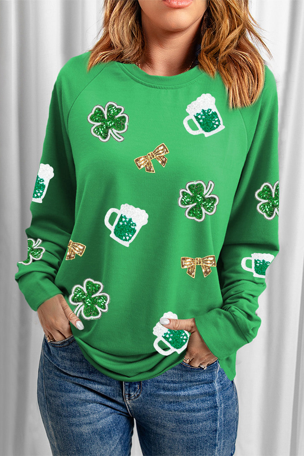 Green St Patrick Sequin Patch Graphic Drop Shoulder Sweatshirt Graphic Sweatshirts JT's Designer Fashion