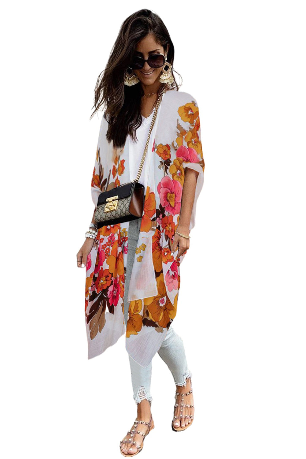 White Multicolor Wide Sleeve Floral Print Kimono Kimonos JT's Designer Fashion