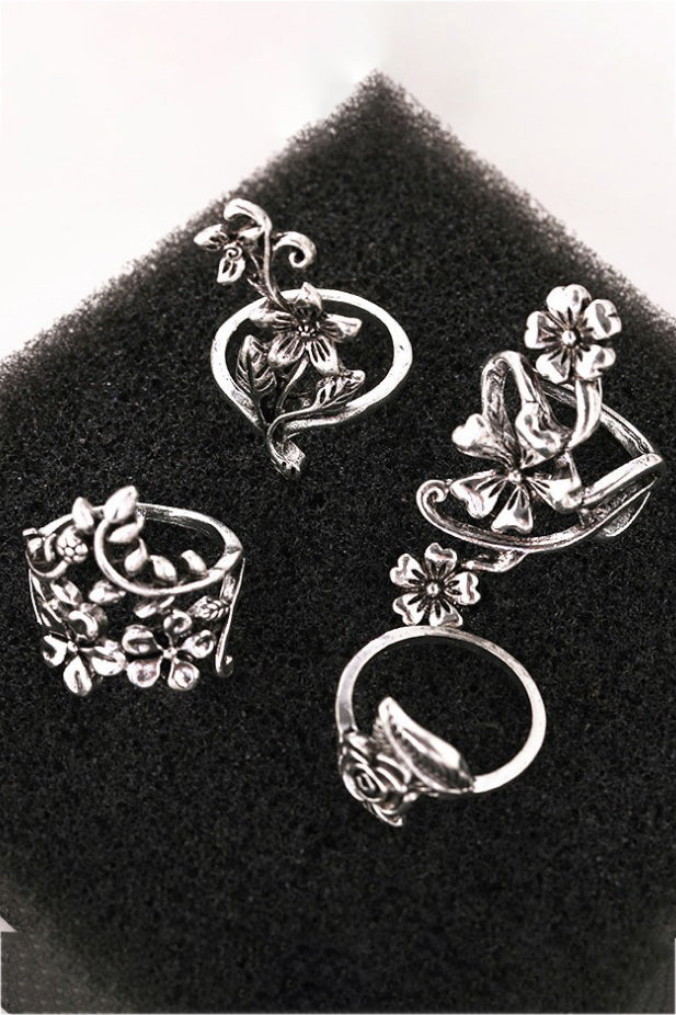 Silvery Vintage Floral Leaf Rings Set Jewelry JT's Designer Fashion