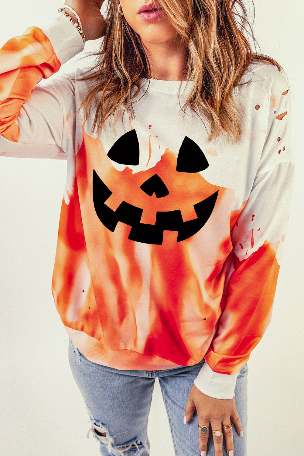 Orange Tie Dye Halloween Spooky Face Graphic Sweatshirt Graphic Sweatshirts JT's Designer Fashion