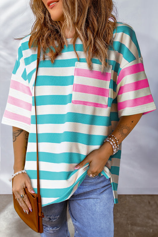 Blue Stripe Contrast Patch Pocket Drop Sleeve T Shirt Pre Order Tops JT's Designer Fashion