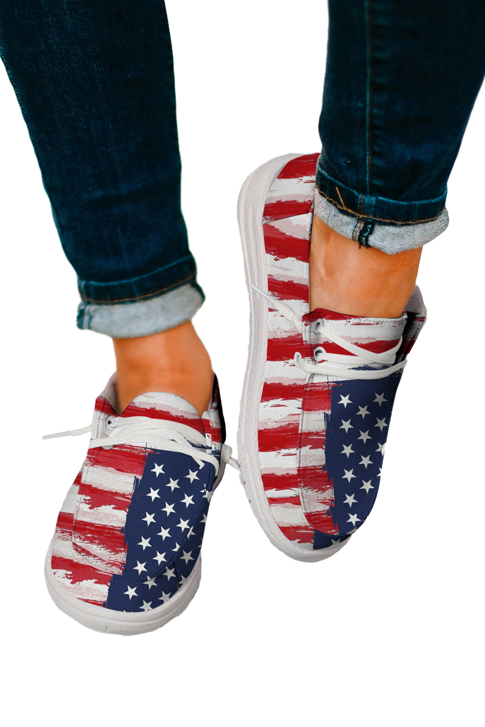 Red Fourth of July Flag Pattern Lace-up Flat Shoes Women's Shoes JT's Designer Fashion