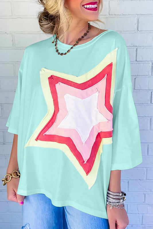 Moonlight Jade Colorblock Star Patched Half Sleeve Oversized Tee Pre Order Tops JT's Designer Fashion
