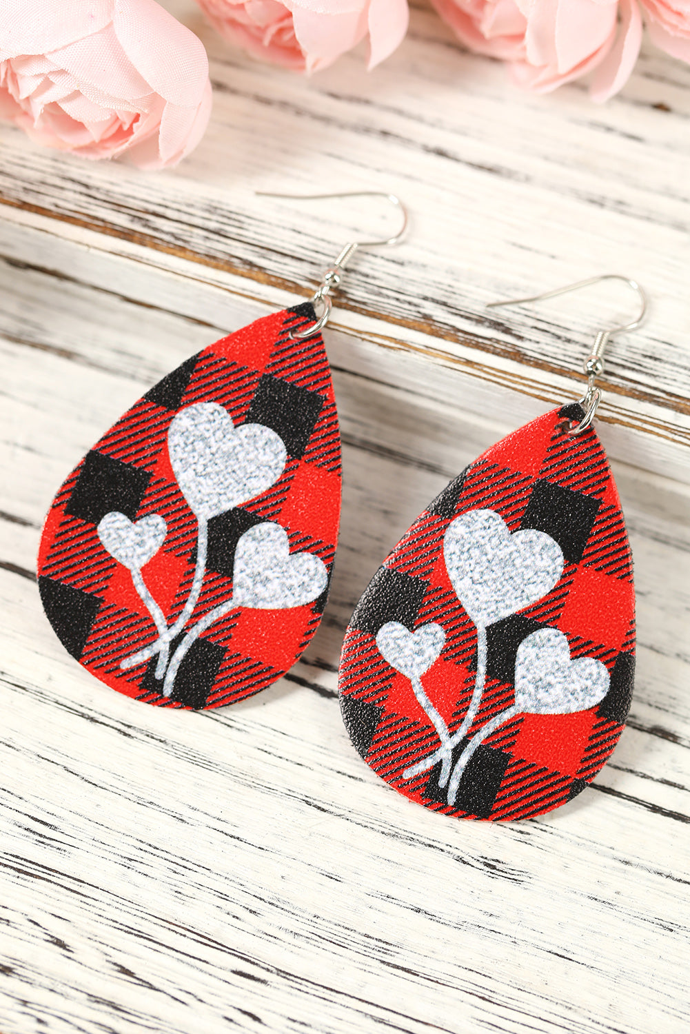 Red Valentine's Day Sequin Heart Plaid PU Leather Earrings Jewelry JT's Designer Fashion