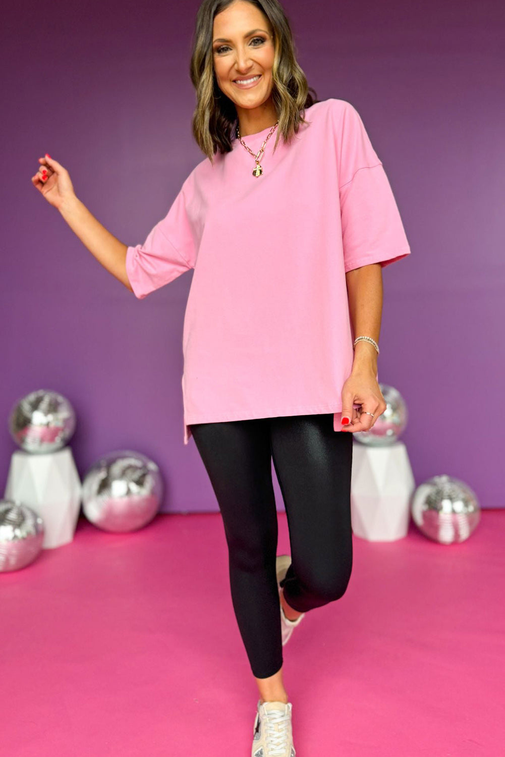 Pink Longline Short Sleeve Side Slit Drop Shoulder Top Pre Order Tops JT's Designer Fashion