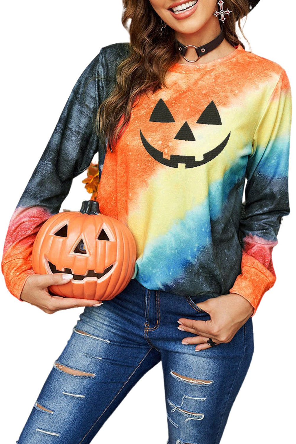 Pumpkin Embroidered Tie Dye Long Sleeve Sweatshirt Graphic Sweatshirts JT's Designer Fashion