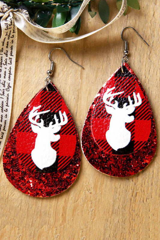 Fiery Red Christmas Plaid Elk Print Leather Drop Earrings Jewelry JT's Designer Fashion