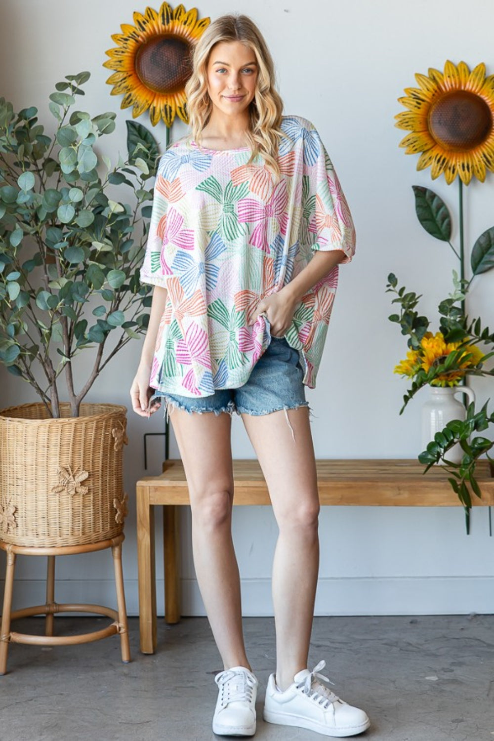 HOPELY Bow Print Oversized Waffle T-Shirt Blouses & Shirts JT's Designer Fashion