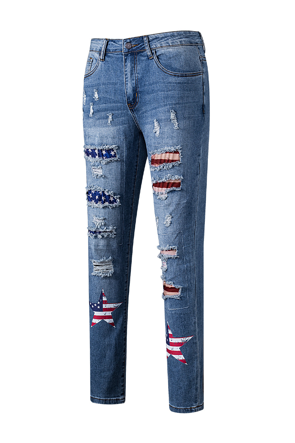 Sky Blue American Flag Patched Distressed Jeans Graphic Pants JT's Designer Fashion