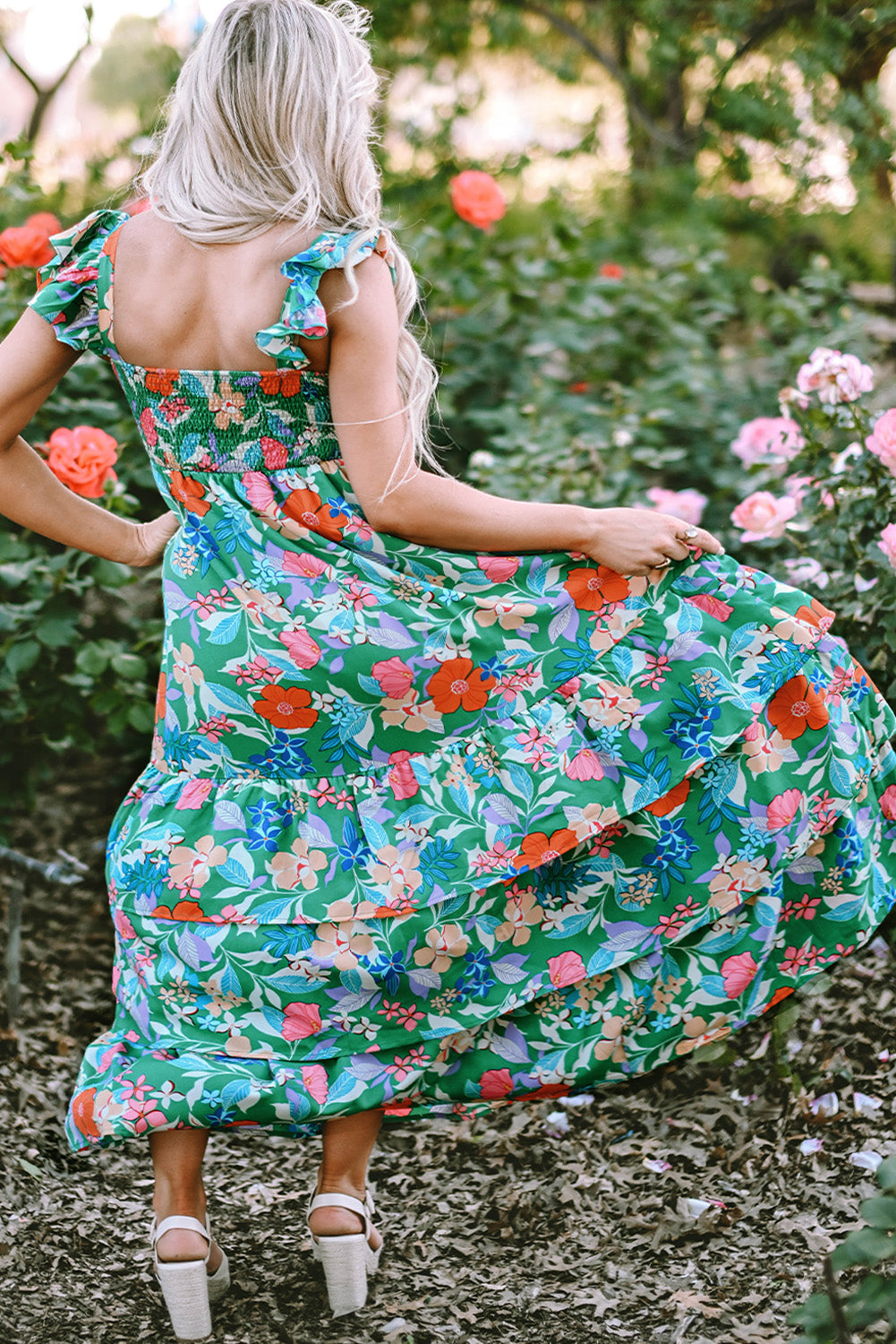 Green Plus Floral Smocked Back Tiered Maxi Dress Pre Order Plus Size JT's Designer Fashion