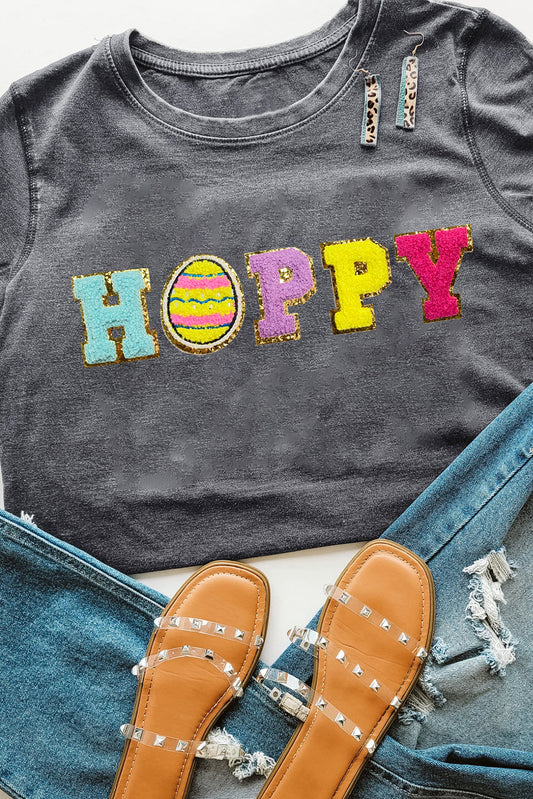 Gray Easter Egg HOPPY Chenille Patched Pattern T Shirt Graphic Tees JT's Designer Fashion