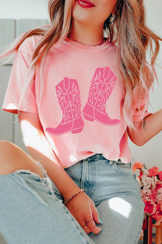 Pink Western Cowboy Boots Print Round Neck T Shirt Graphic Tees JT's Designer Fashion