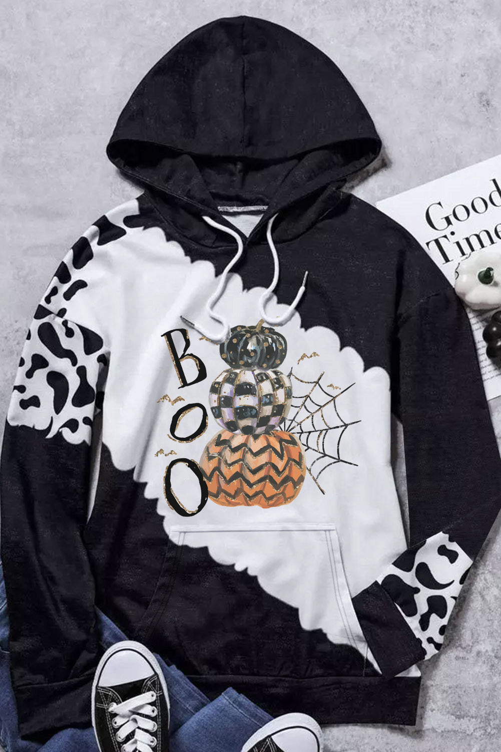 Black BOO Pumpkin Cow Tie Dye Print Kangaroo Pocket Hoodie Graphic Sweatshirts JT's Designer Fashion