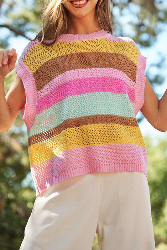 Pink Stripe Hollowed Crochet Cap Sleeve Loose Fit Sweater T Shirt