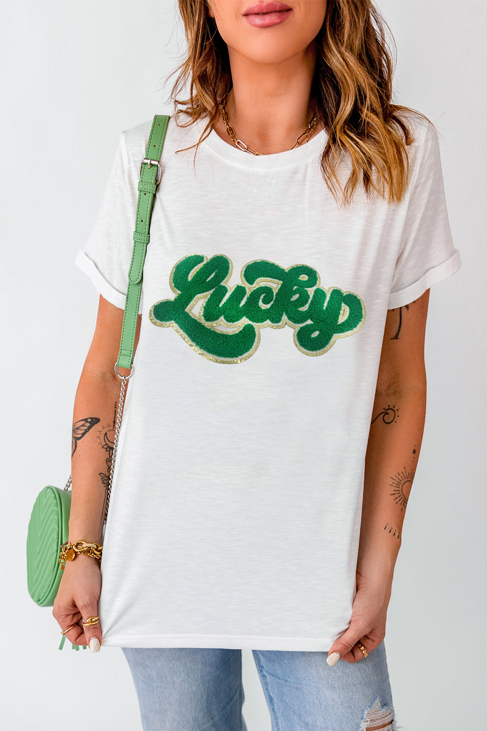 White St. Patrick Lucky Chenille Glitter Patched Graphic T Shirt Graphic Tees JT's Designer Fashion