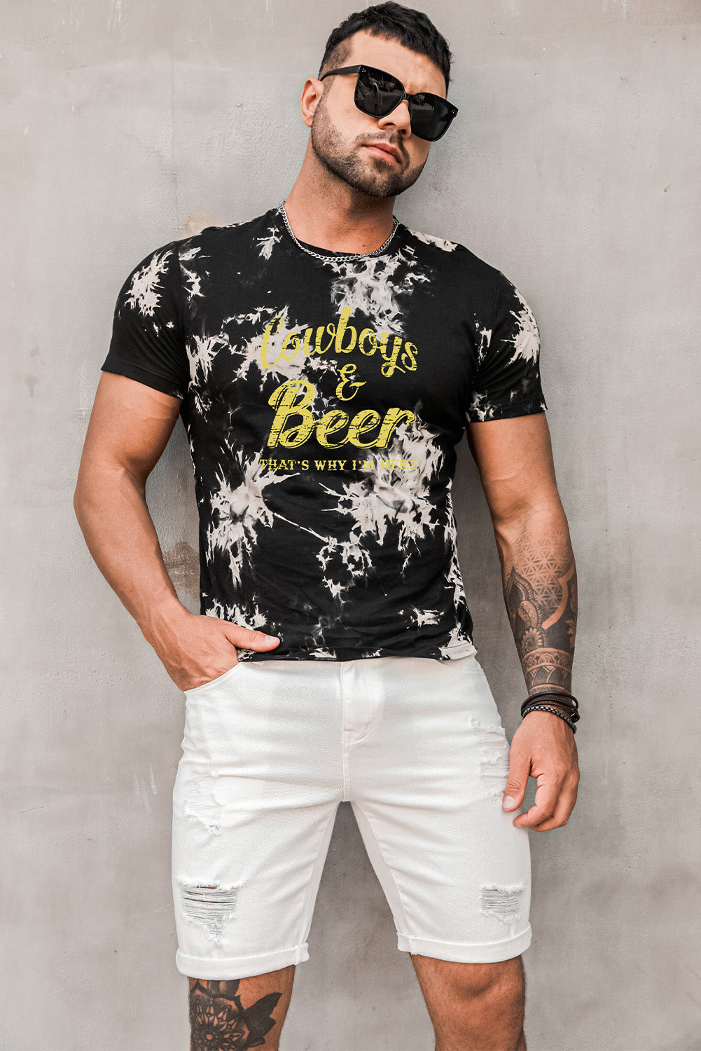 Black Cowboy & Beer Letter Tie-dye Print Men's Graphic Tee Men's Tops JT's Designer Fashion