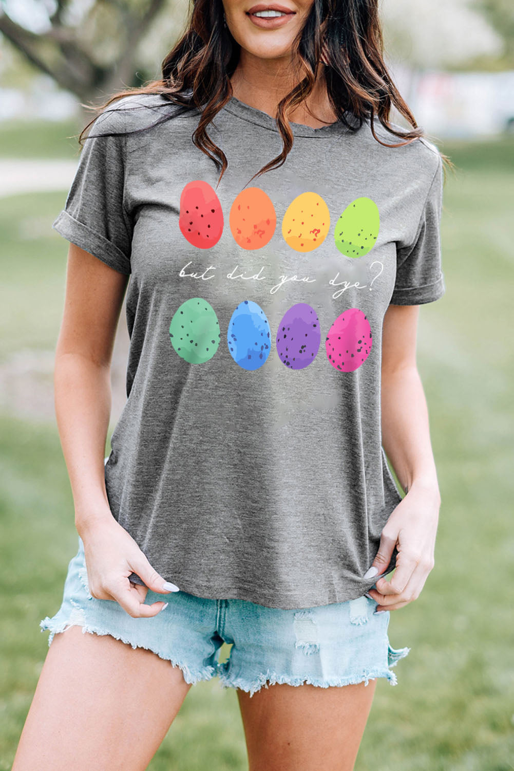 Gray Easter Eggs Print Crew Neck T Shirt Graphic Tees JT's Designer Fashion