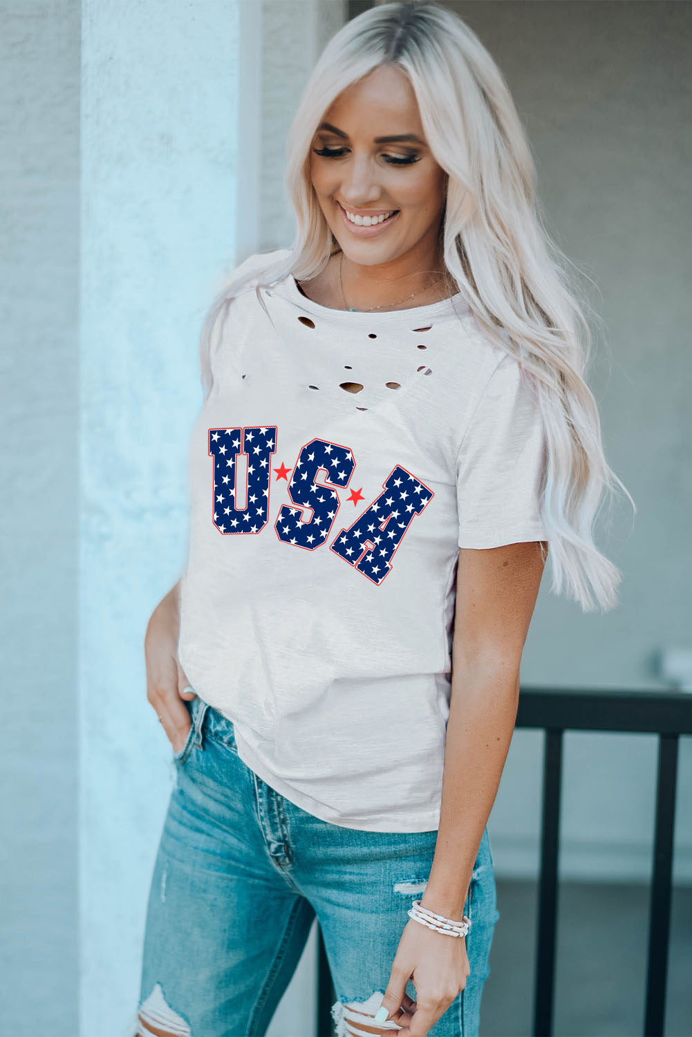 White Star USA Graphic Ripped Detail T Shirt Graphic Tees JT's Designer Fashion