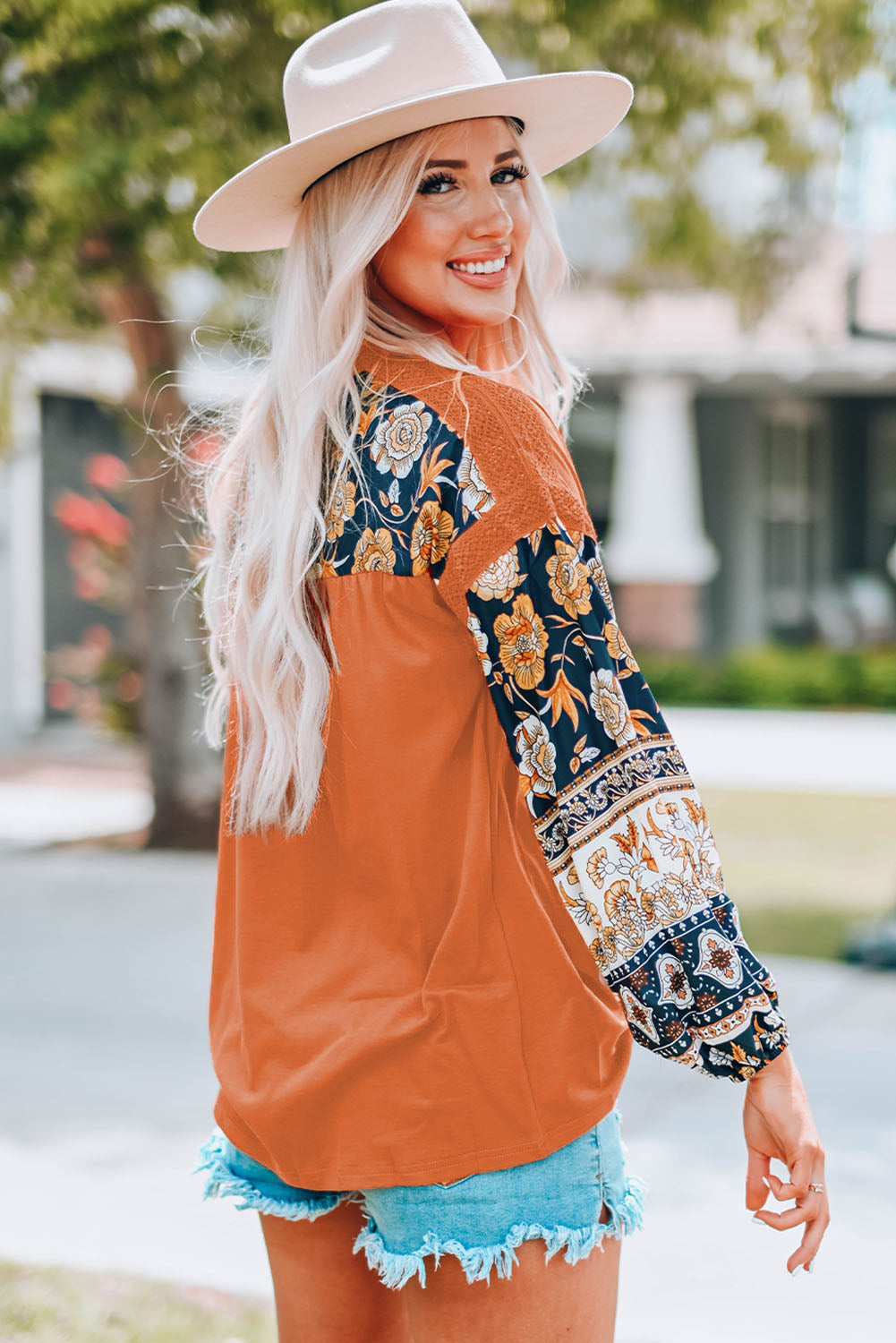 Brown Boho Floral Print Balloon Sleeve Top with Lace Details Long Sleeve Tops JT's Designer Fashion