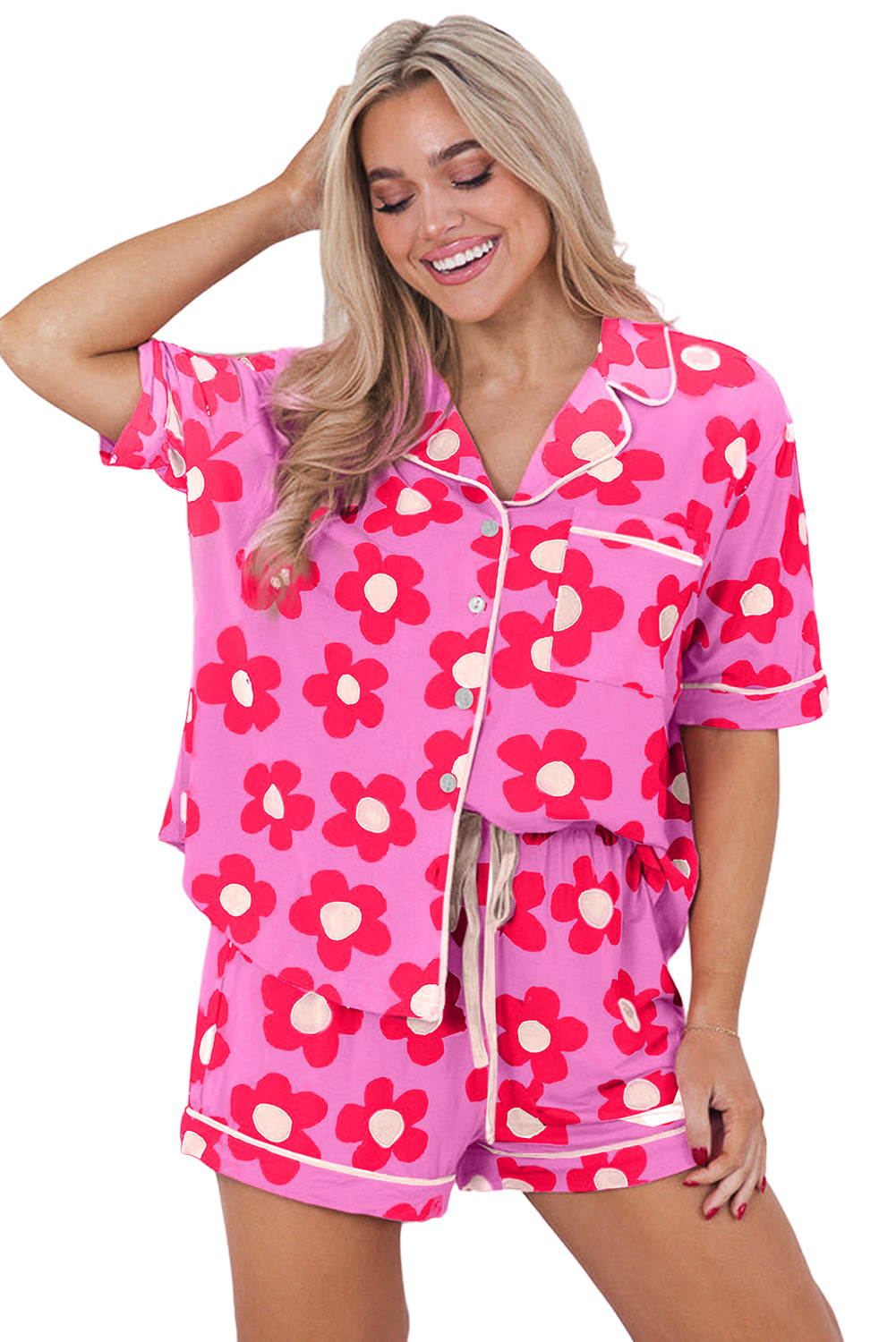 Pink Flower Print Short Sleeve Shirt Pajamas Set Pre Order Loungewear JT's Designer Fashion