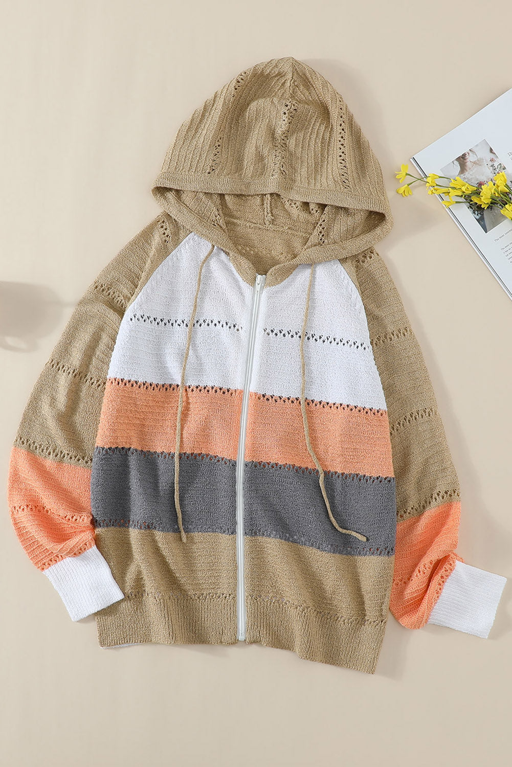 Multicolor Zipped Front Colorblock Hollow-out Knit Hoodie Sweatshirts & Hoodies JT's Designer Fashion