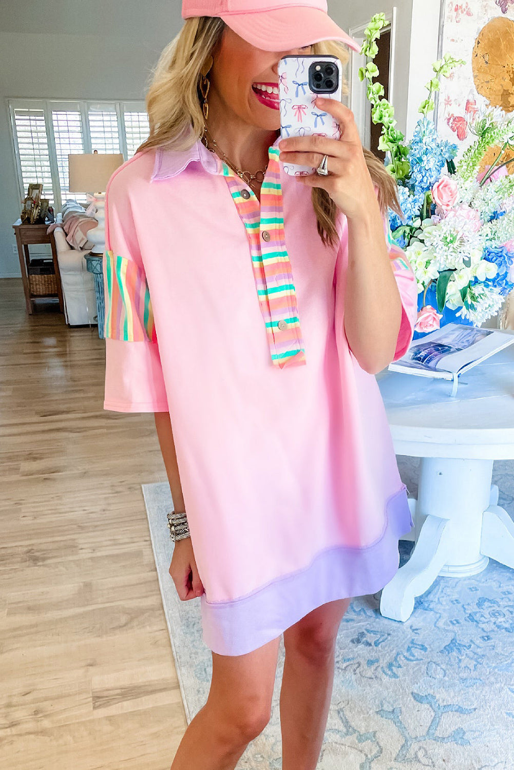 Pink Rainbow Stripe Half Sleeve Buttoned Collar Mini Dress Pre Order Dresses JT's Designer Fashion