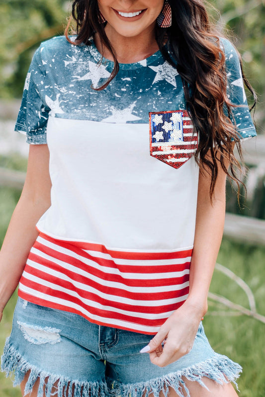 Multicolor Stars and Stripes Print Sequined Patched Pocket T Shirt Graphic Tees JT's Designer Fashion