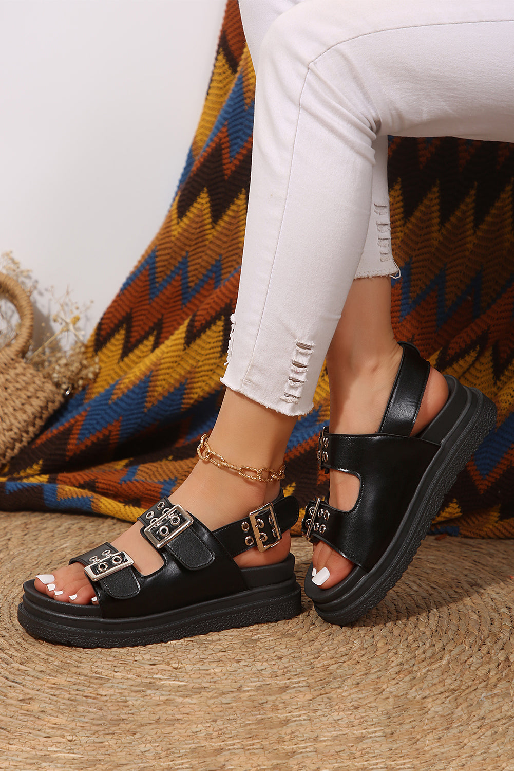 Black Buckled Lug Sole Sandals Sandals JT's Designer Fashion