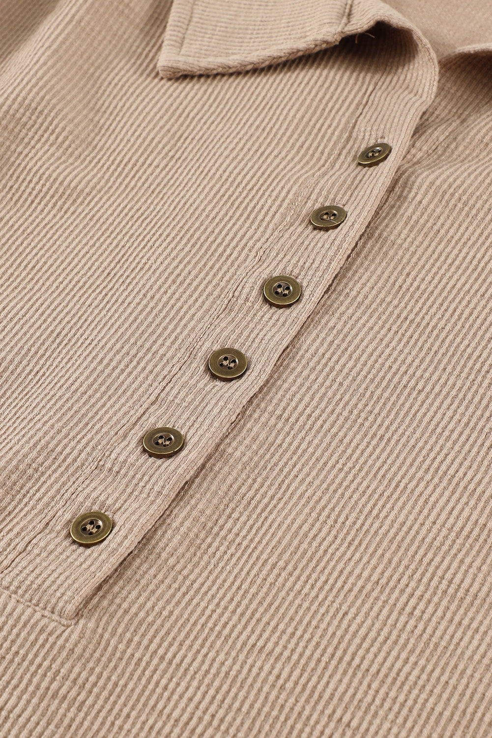 Khaki Button Front Turn-down Neck Knit Top Long Sleeve Tops JT's Designer Fashion