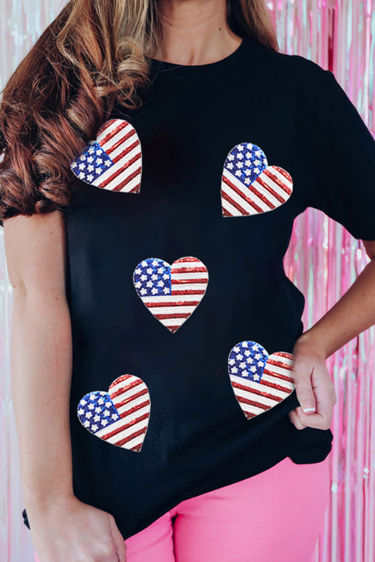 Black Sequined American Flag Heart Graphic T Shirt Graphic Tees JT's Designer Fashion
