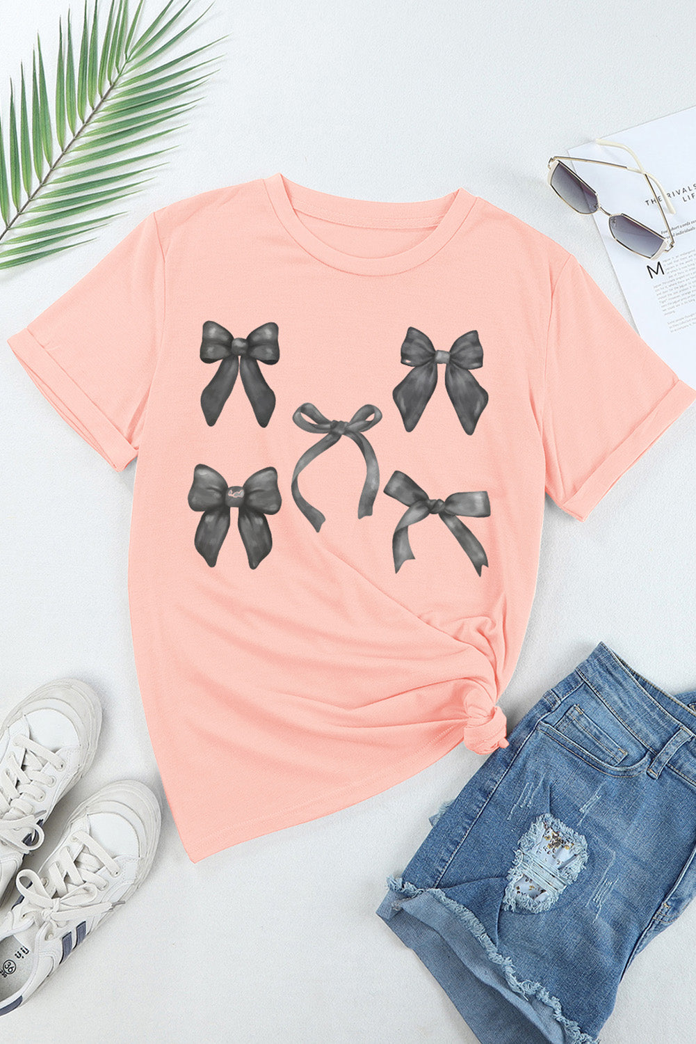 Pink Bow Knots Print Slim Fit Crew Neck T Shirt Graphic Tees JT's Designer Fashion