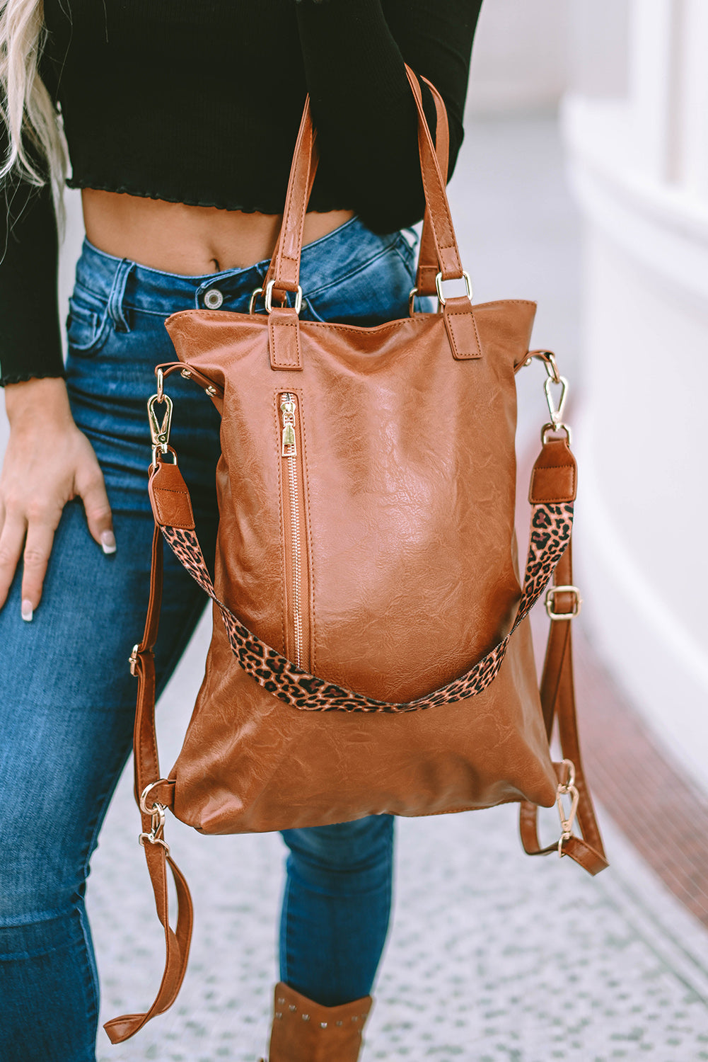 Chestnut Vintage Leopard Strap Zipper Backpack Backpacks JT's Designer Fashion
