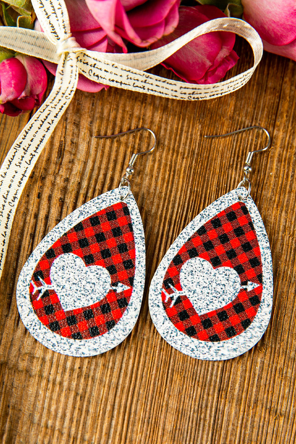 Classic Valentine Sequin Heart Pattern Plaid PU Earrings Jewelry JT's Designer Fashion