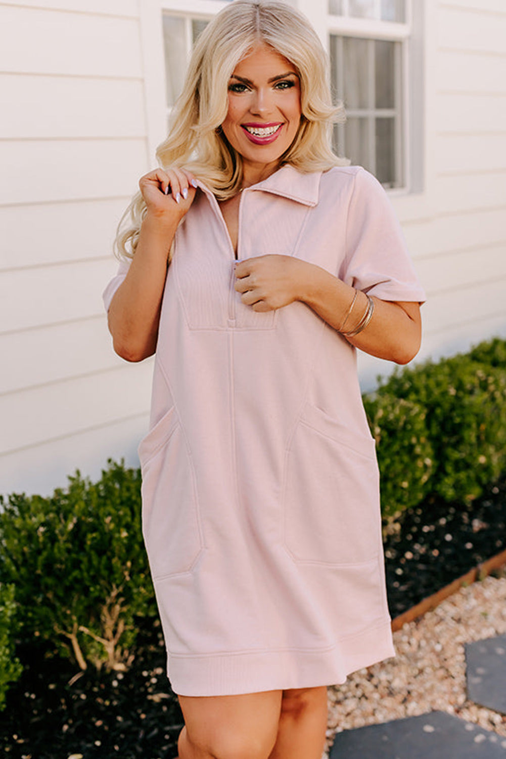 Light Pink Short Sleeve Quarter Zip Collar Pocketed Plus Size Dress Pre Order Plus Size JT's Designer Fashion