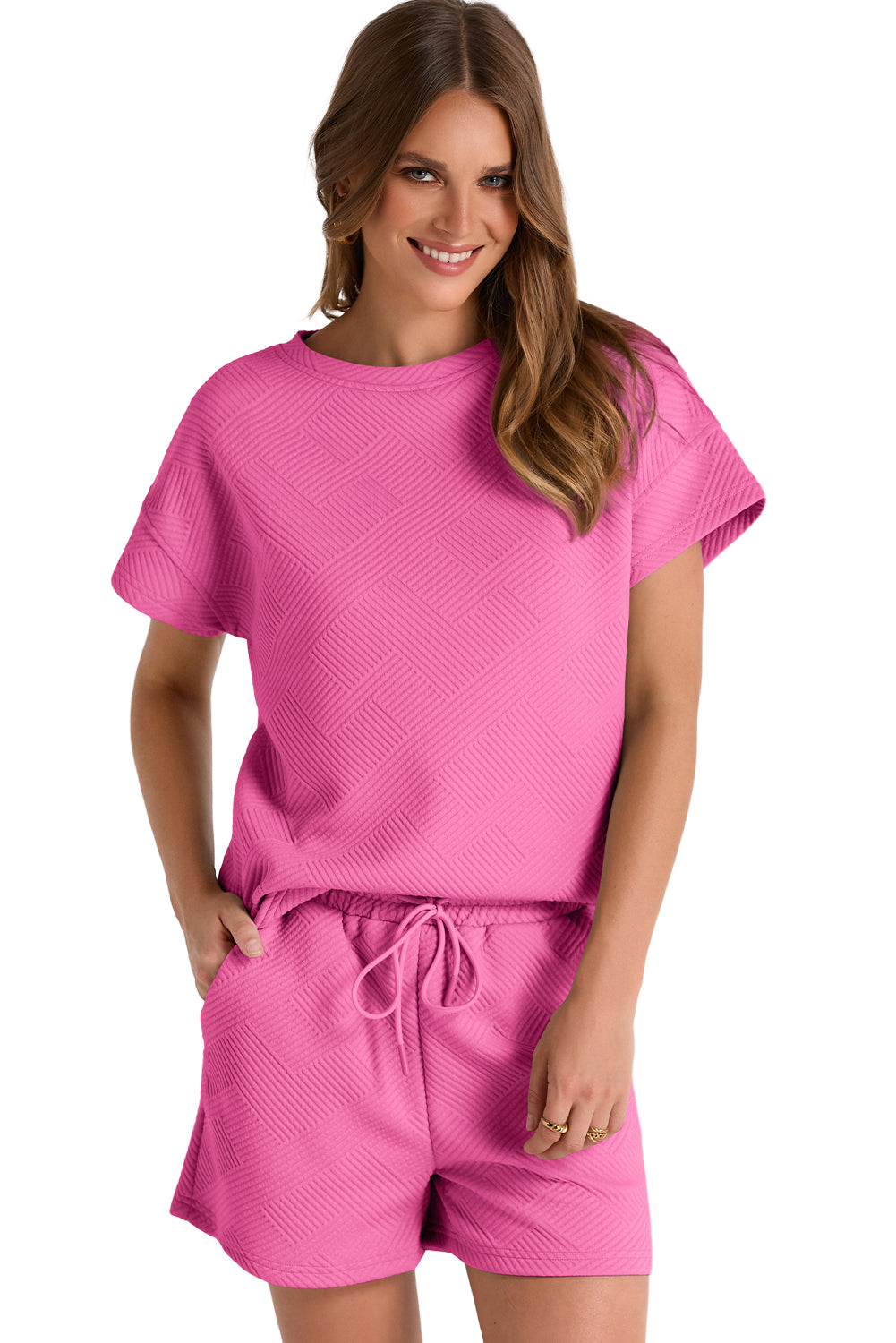 Strawberry Pink 2pcs Solid Textured Drawstring Shorts Set Pre Order Bottoms JT's Designer Fashion