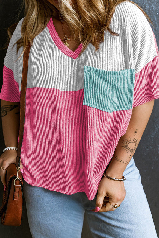 Fushia Plus Size Colorblock Textured V Neck T Shirt Pre Order Plus Size JT's Designer Fashion