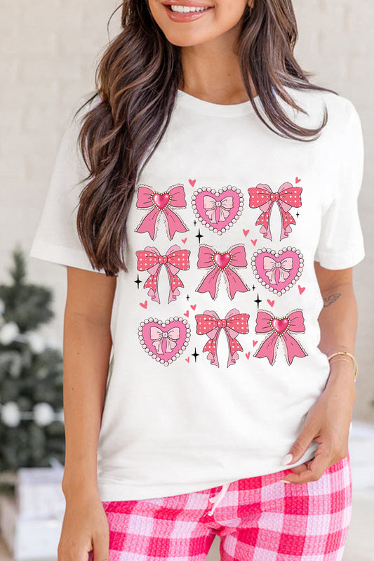 White Sweet Bow Heart Shaped Print Crew Neck Casual Tee Graphic Tees JT's Designer Fashion