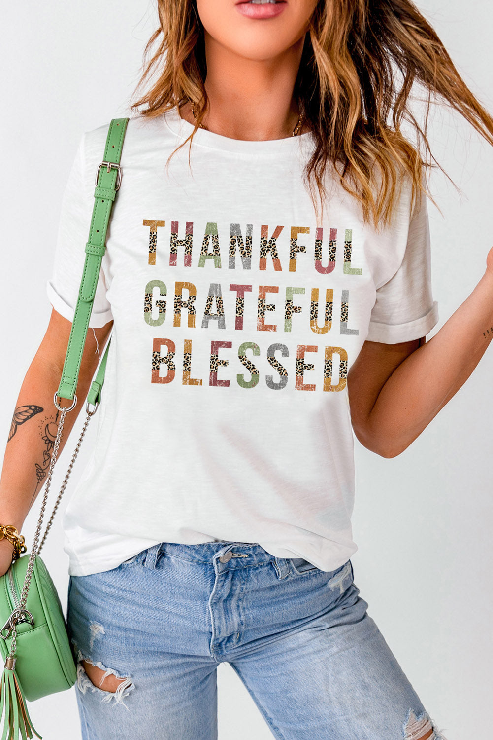 White Leopard Patchwork Thankful Grateful Blessed Graphic T Shirt Graphic Tees JT's Designer Fashion