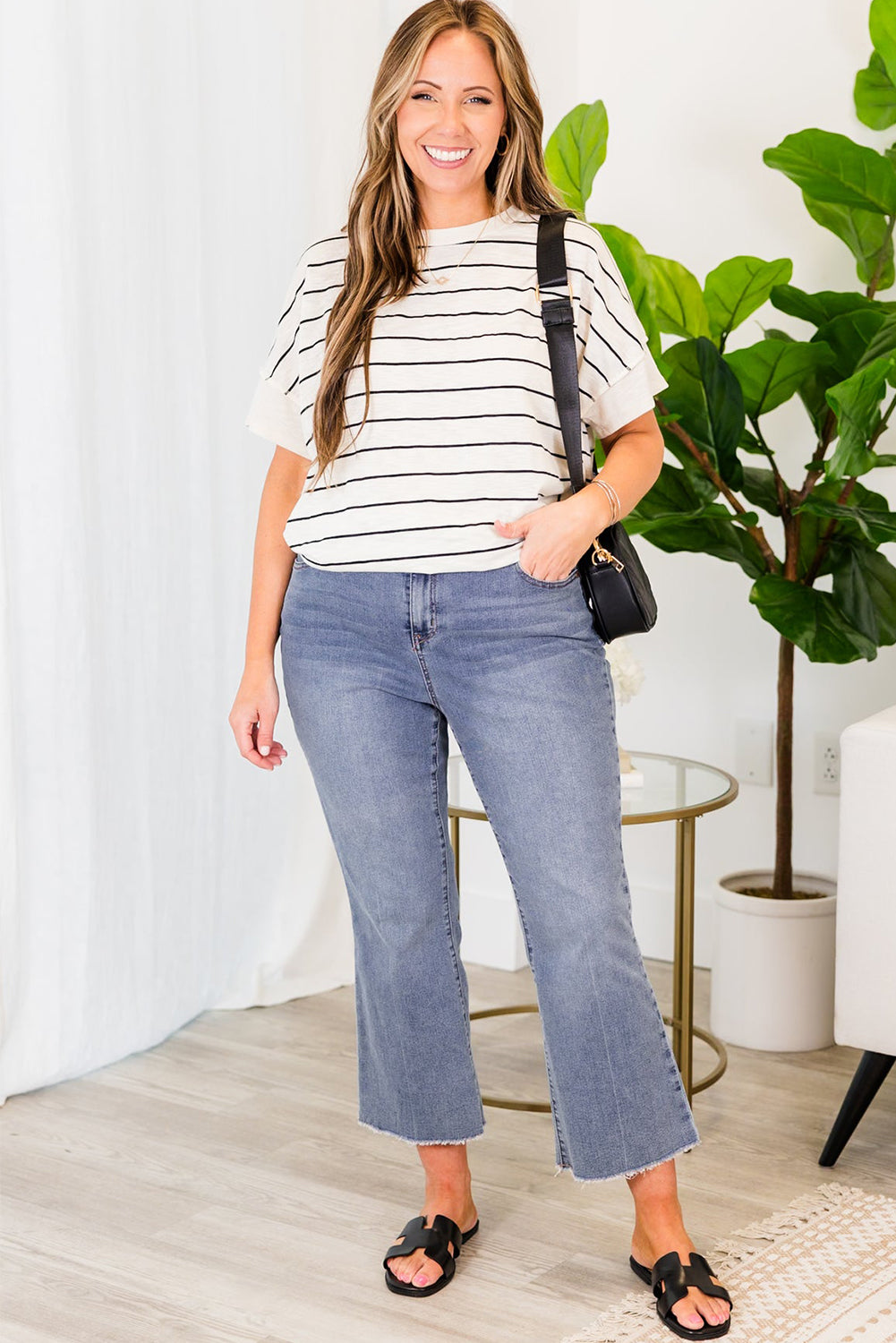 White Stripe Side Split Round Neck Plus Size T Shirt Pre Order Plus Size JT's Designer Fashion