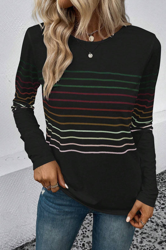 Black Multicolor Striped Crew Neck Long Sleeve Top Long Sleeve Tops JT's Designer Fashion