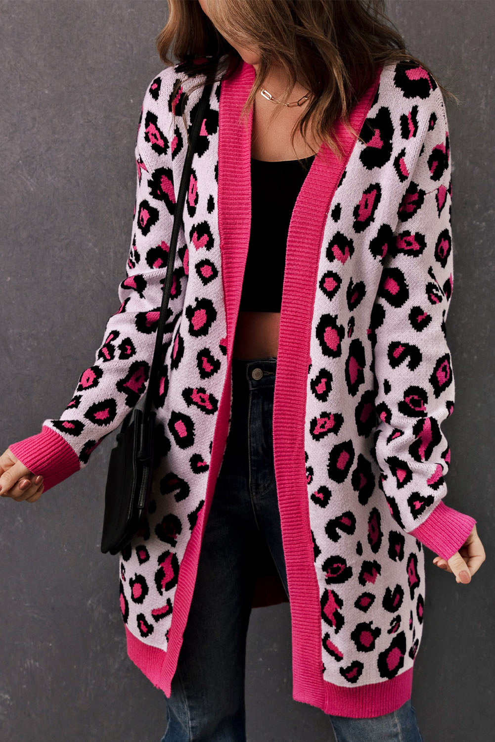 Rose Leopard Ribbed Trim Knitted Open Front Long Cardigan Sweaters & Cardigans JT's Designer Fashion
