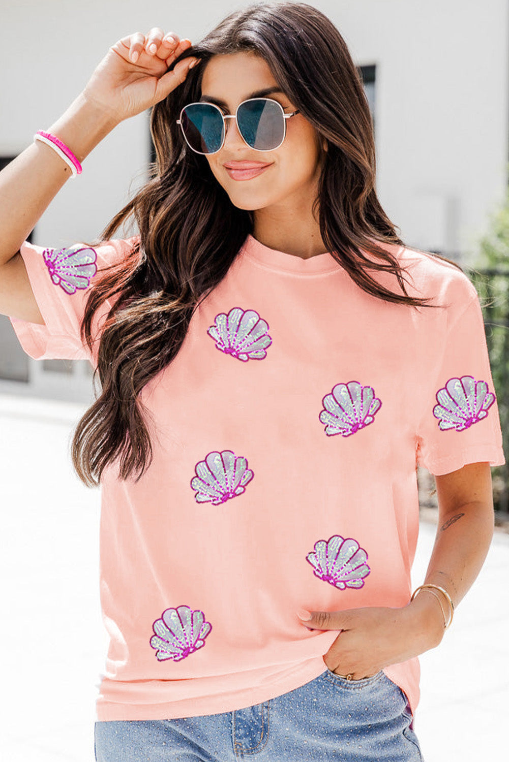 Pink Sequin Shell Graphic Round Neck T Shirt Graphic Tees JT's Designer Fashion