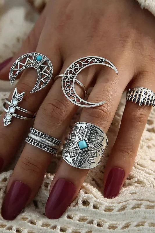Silver Bohemian Natural Stone Rings Set Jewelry JT's Designer Fashion