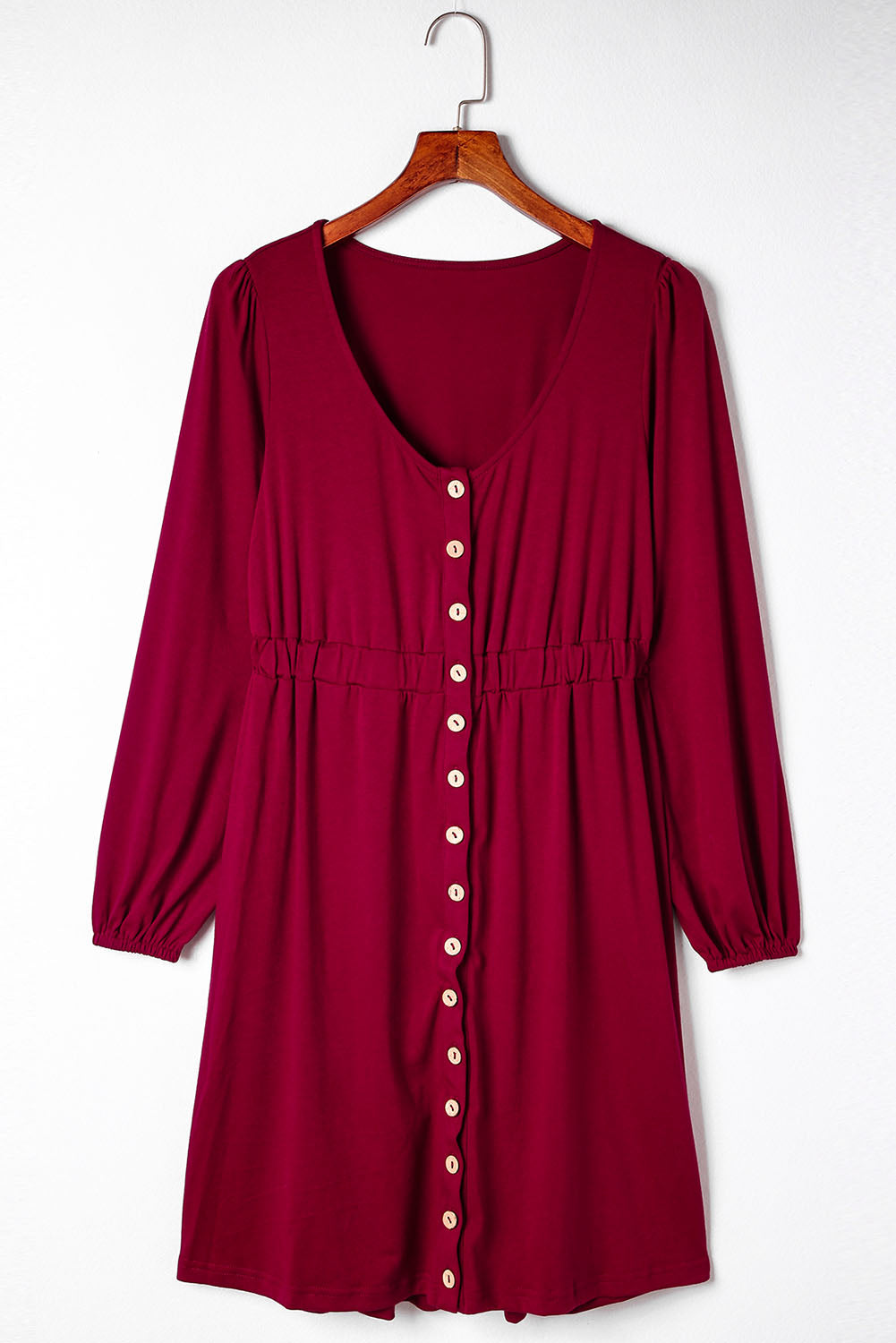 Fiery Red Button Up High Waist Long Sleeve Dress Midi Dresses JT's Designer Fashion