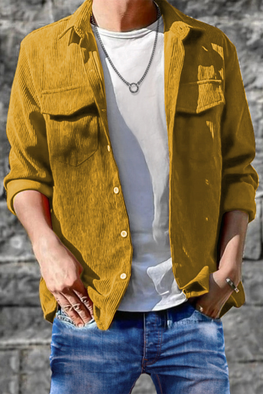 Yellow Men Corduroy Flap Pocket Button Front Shirt Yellow 100%Polyester Men's Tops JT's Designer Fashion