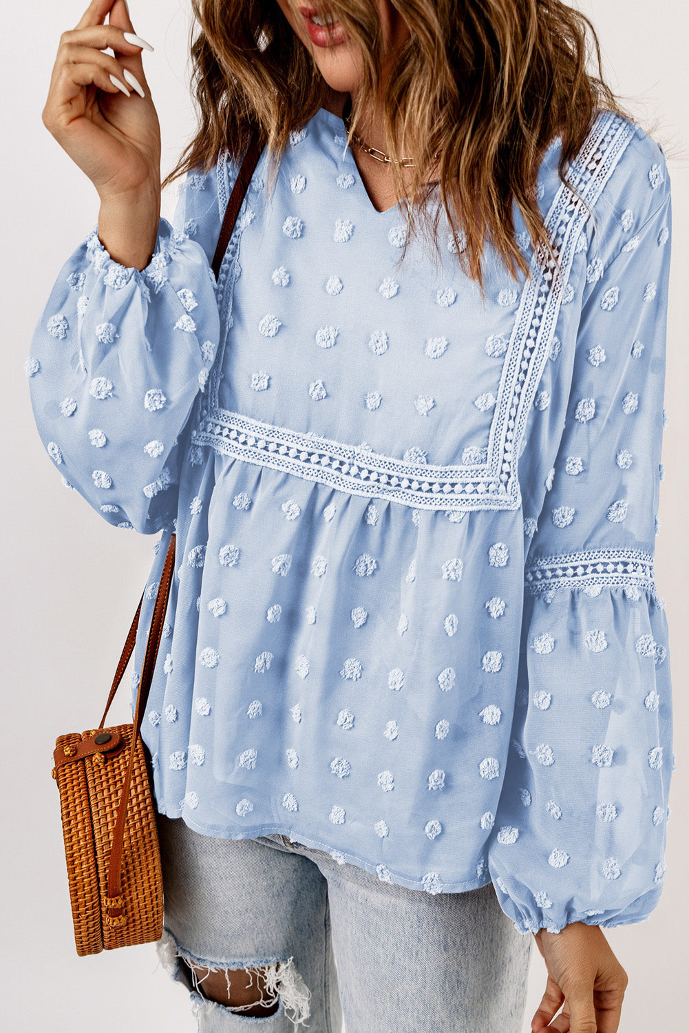 Blue Ruffled Split Neck Lace Hollow Out Puff Sleeve Polka Dot Blouse Long Sleeve Tops JT's Designer Fashion